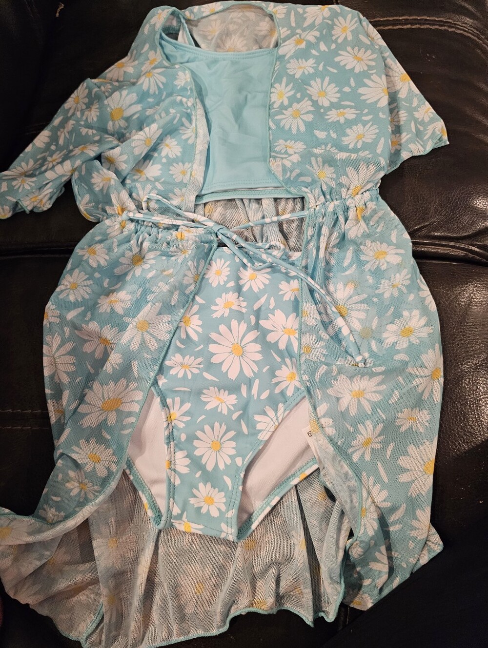Aqua Kids Daisy Print Two Piece Swimsuit With Matching Cover-Up Size 12 Girls - Picture 1 of 7